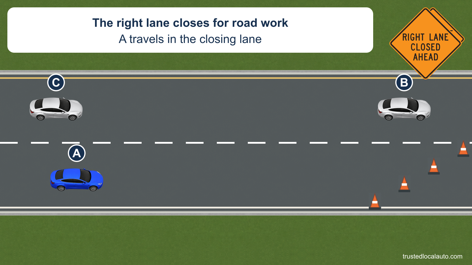 Blue A is in the closing right lane of a highway. Realistic cones and an exact orange FHWA RIGHT LANE CLOSED AHEAD face identify the closure; silver B and C occupy the open left lane.