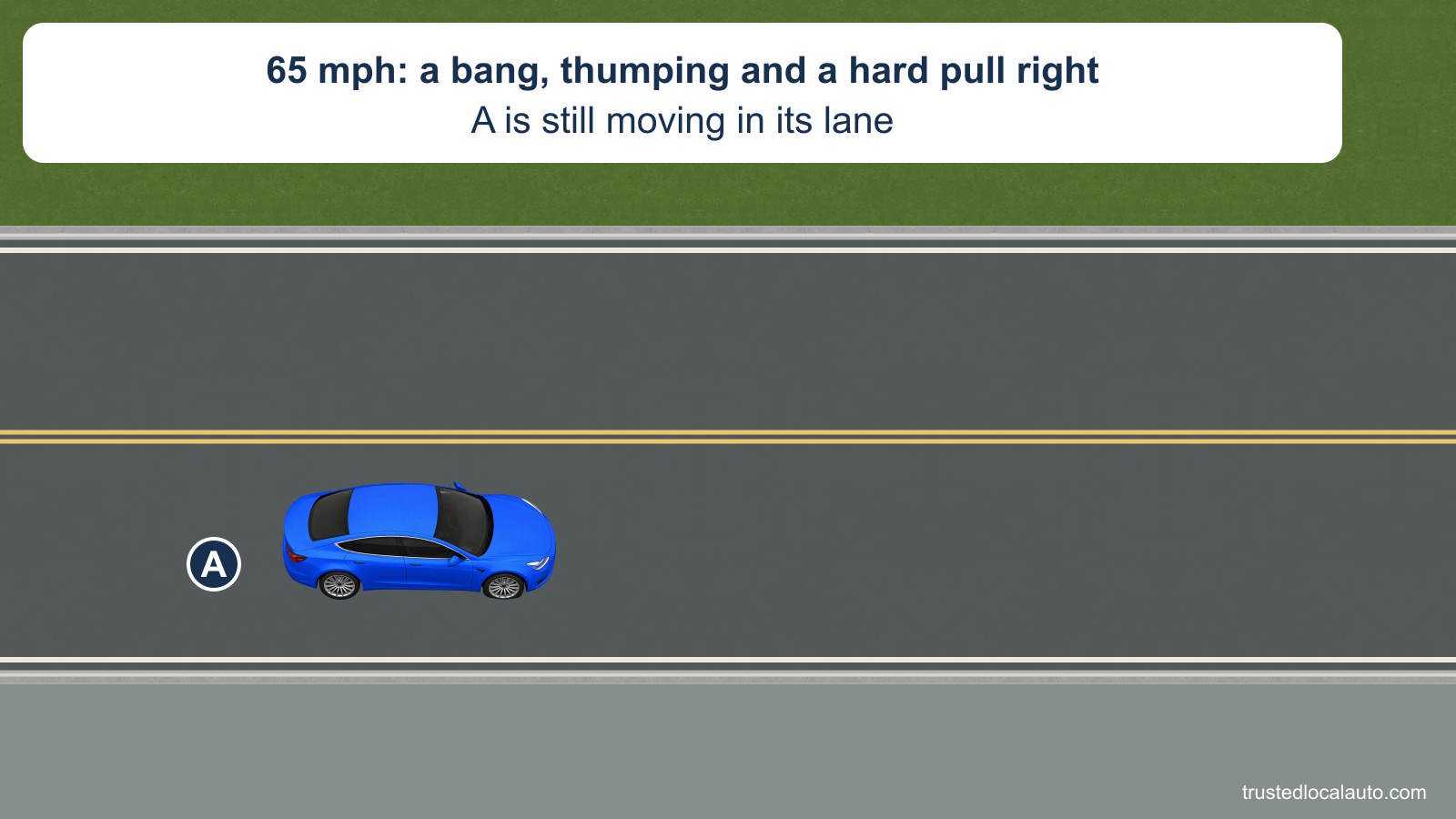 A moves right in its lane on a two-lane highway with a deflated right-front tire. The card states 65 mph, a bang, thumping and a hard pull right; no steering correction or shoulder path is shown.