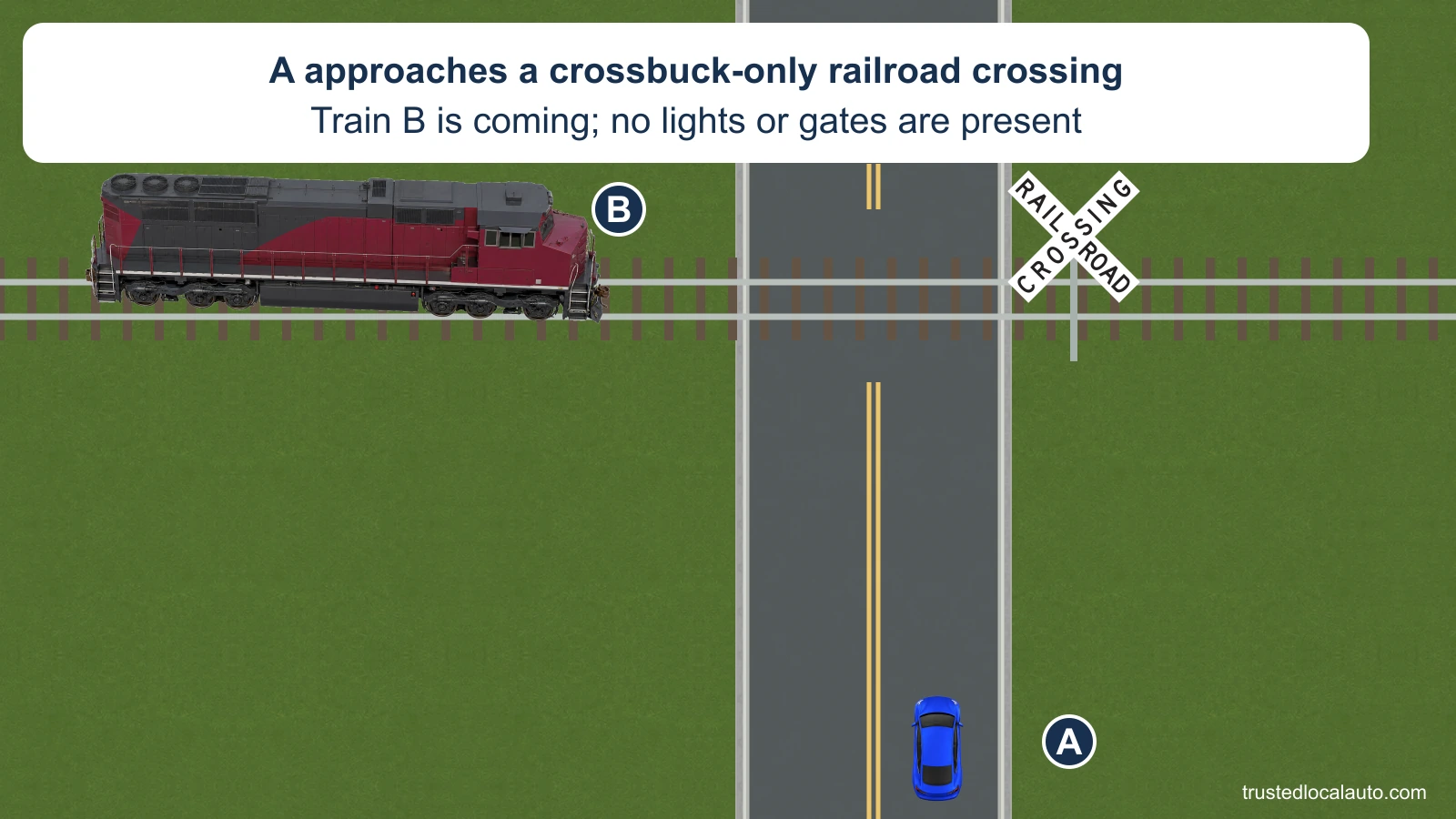 A approaches a railroad crossing from well back. A white RAILROAD CROSSING crossbuck stands beside the road. Train B approaches from the left, and there are no lights or gates.