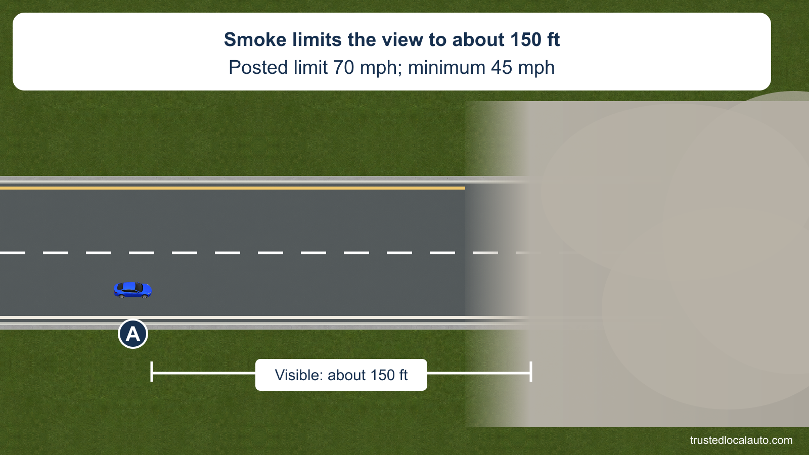 A is on an interstate with smoke reducing visibility to about 150 ft. The supplied limit 70 and minimum 45 are stated; no selected speed is shown.