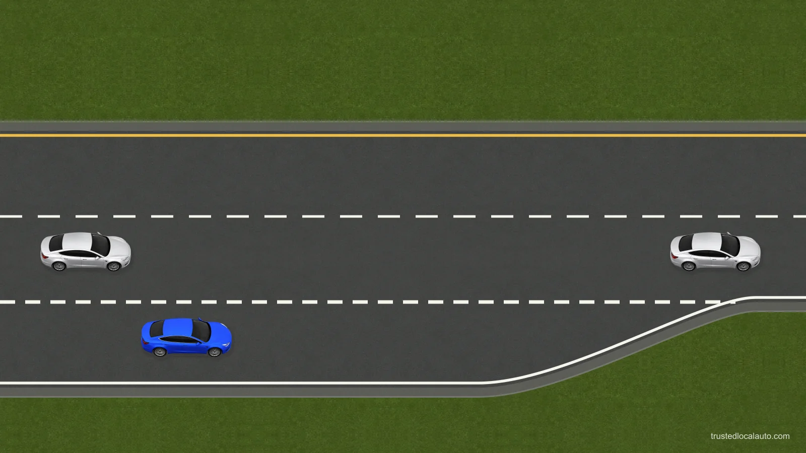 An entering car approaches a gap between two vehicles on an expressway.