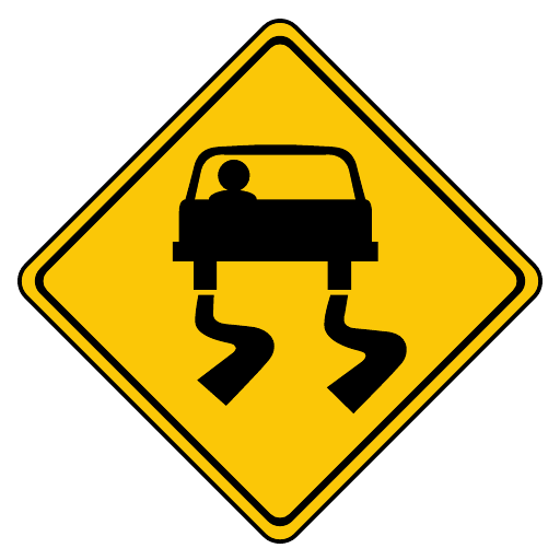 A yellow diamond contains the front of a black car with two irregular black tracks extending downward.