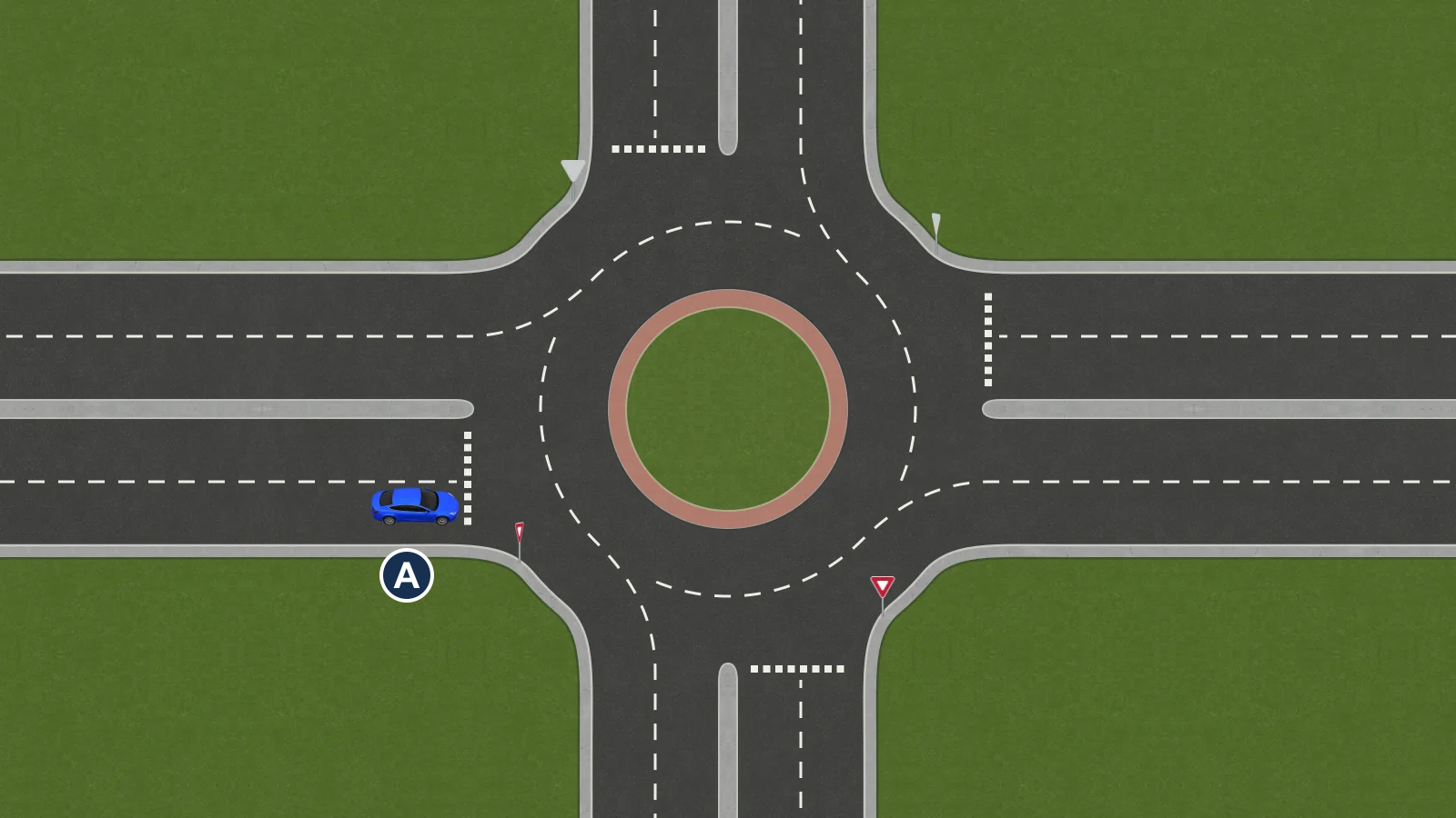 Blue A approaches a circular roadway around a grass island. The circle has a dashed lane divider; no vehicle is circulating and no travel path is drawn.