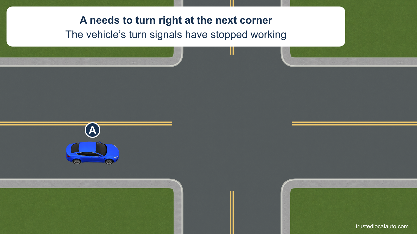 Blue A approaches its next intersection. The card states that A needs to turn right and the electric turn signals have failed. No arm pose is shown.