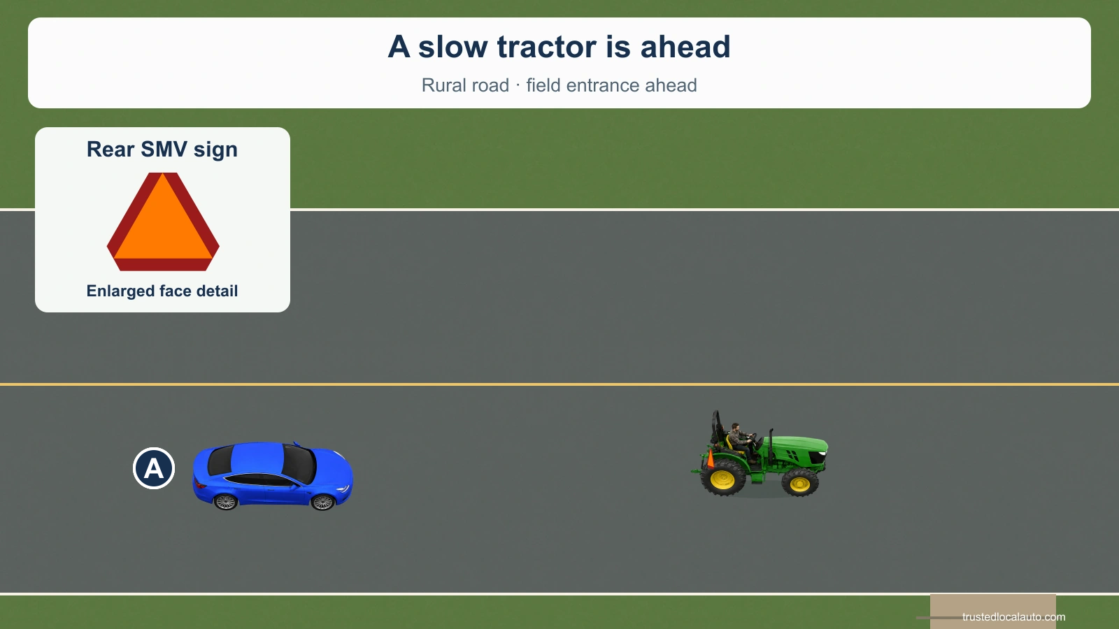 Blue car A follows a green tractor near a field entrance. A rear orange triangle with a red border appears on the tractor and in an enlarged detail.