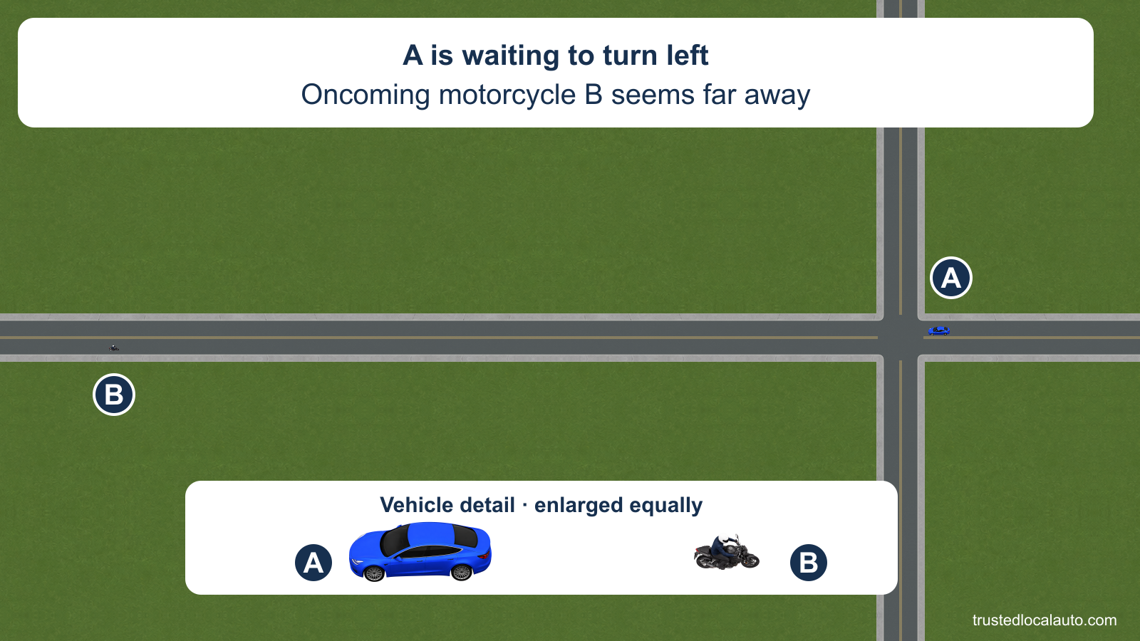 A waits on the right approach for a left turn. Oncoming motorcycle B is far along the opposite approach in its own lane. A separate vehicle detail enlarges A and B equally for identification. The question has no turn path or priority mark.