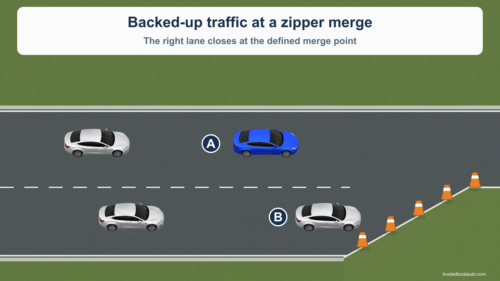 Backed-up traffic occupies two lanes approaching a right-lane closure. A is blue; B and the other cars are neutral colours.