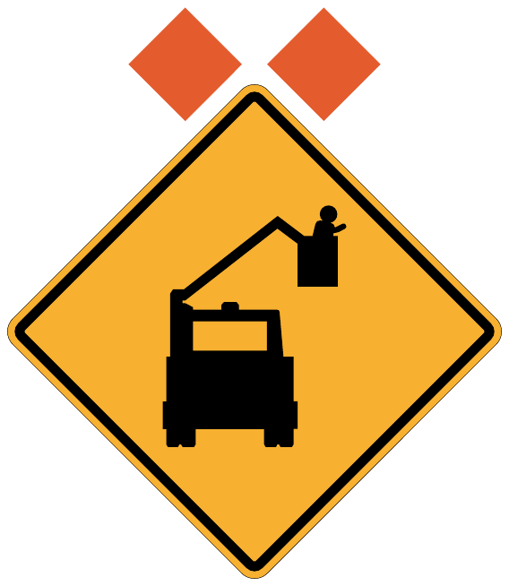 An orange diamond shows a black truck with a raised boom and a person in its bucket. Two orange flags are above the diamond.