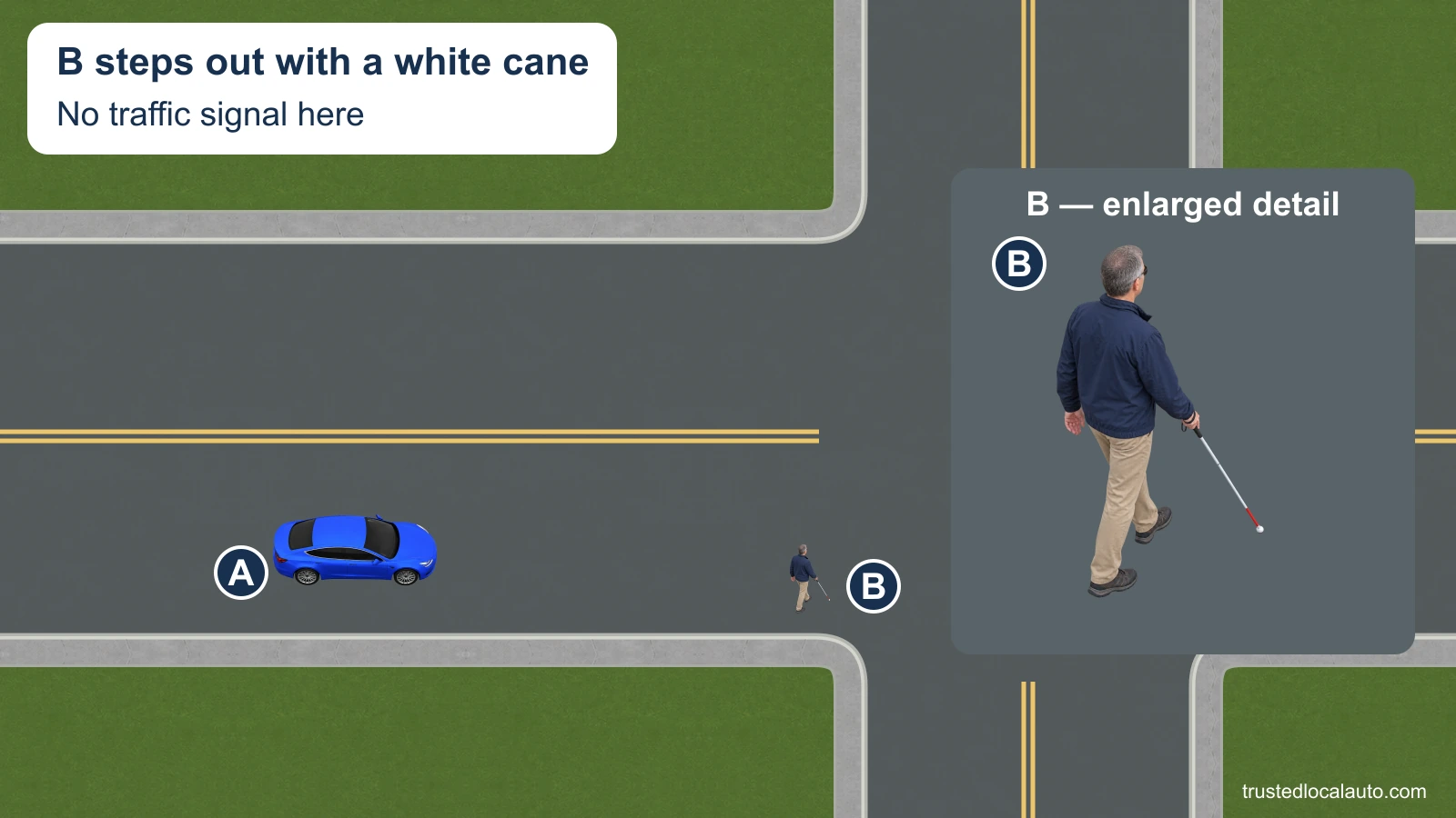 A approaches an unsignalized intersection where B steps from the near curb with a white cane. A labeled enlargement shows the same pedestrian and cane; A has no selected stopping action.
