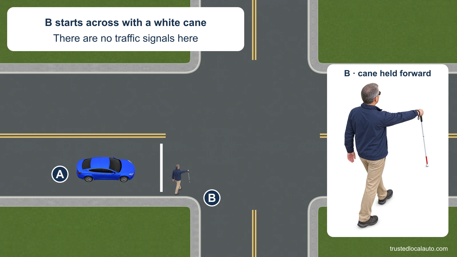 Blue A approaches an intersection without traffic signals. A pedestrian labeled B begins crossing from the right corner with a white cane held forward, shown again in an enlarged detail. The crossing has no zebra paint, no selected stop halo and no bypass route.