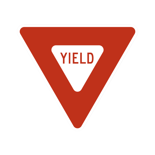 Downward-pointing white triangle with a broad red border and the red word YIELD.