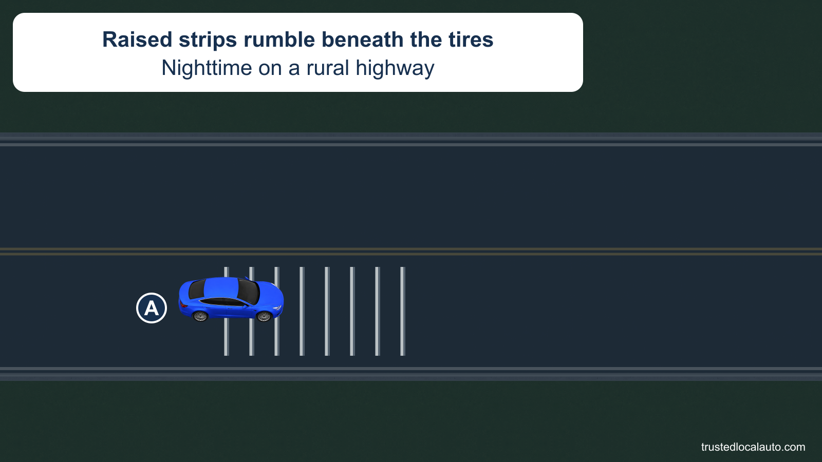 A passes over several raised transverse strips spanning its lane on a dark rural road. The card states that the tires rumble and the steering wheel shakes.
