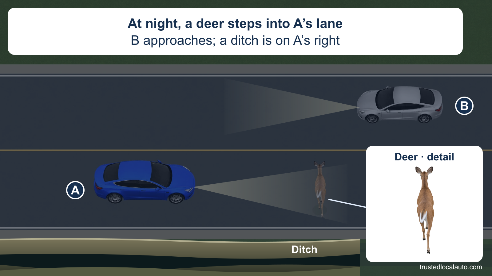 At night, a deer steps into A’s lane ahead. B approaches in the opposite lane. A recessed ditch with sloping banks runs beside the right shoulder; an inset enlarges the deer.