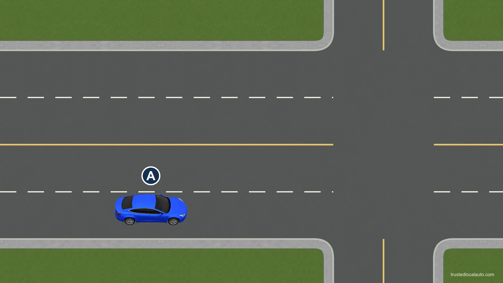 A approaches a junction in one of two through lanes.
