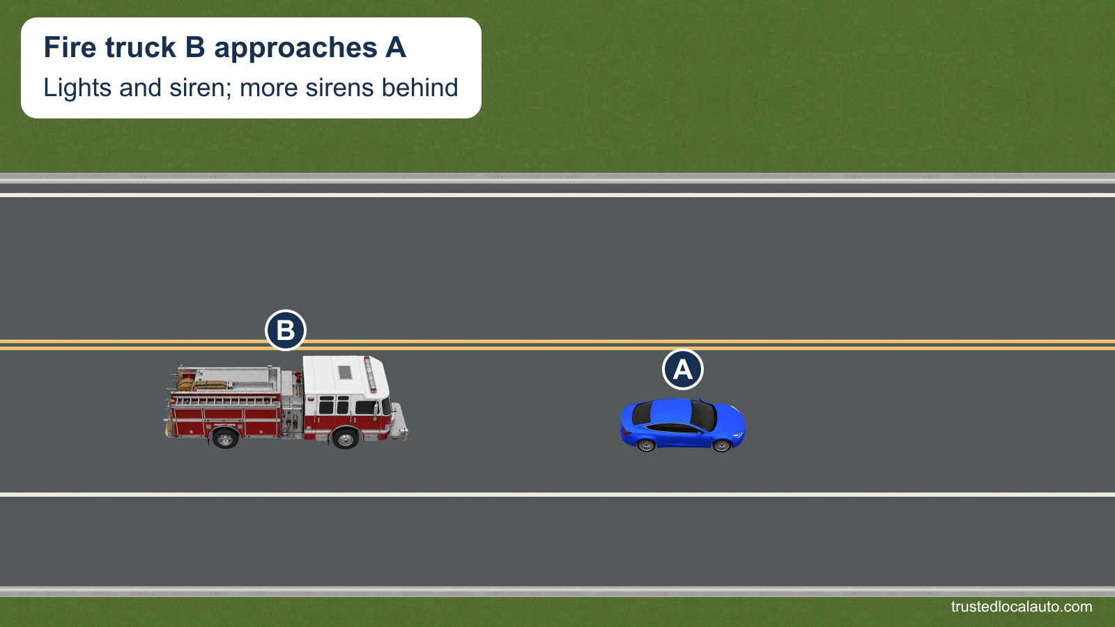 A travels in its lane on a two-way road with a fire truck approaching from behind. The factual card identifies the lights, siren and additional sirens farther back.