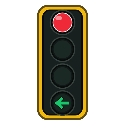 Four-section traffic signal with a circular red indication and a green left-pointing arrow illuminated; the circular yellow and green lenses are dark.