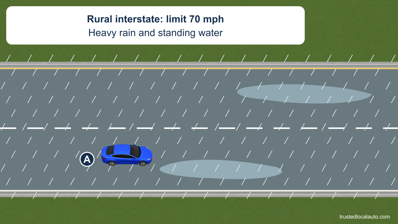 A is on a rural interstate in heavy rain with standing water. The question card supplies only the stated 70 mph limit and weather.