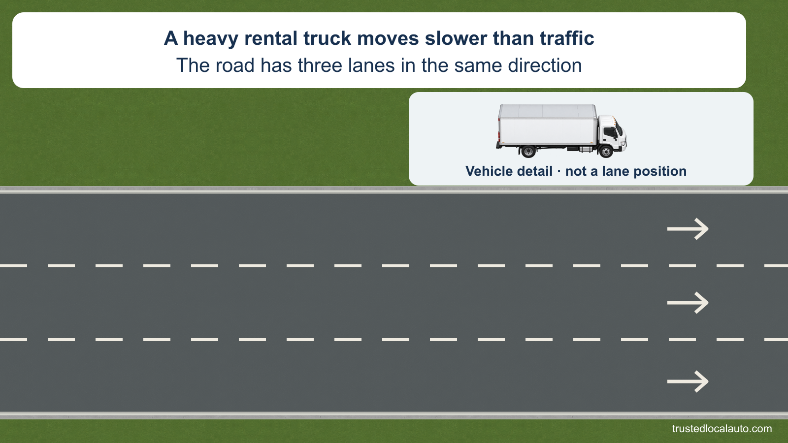 Three same-direction lanes are empty. A separate vehicle detail identifies the heavy rental box truck without assigning it to a lane.