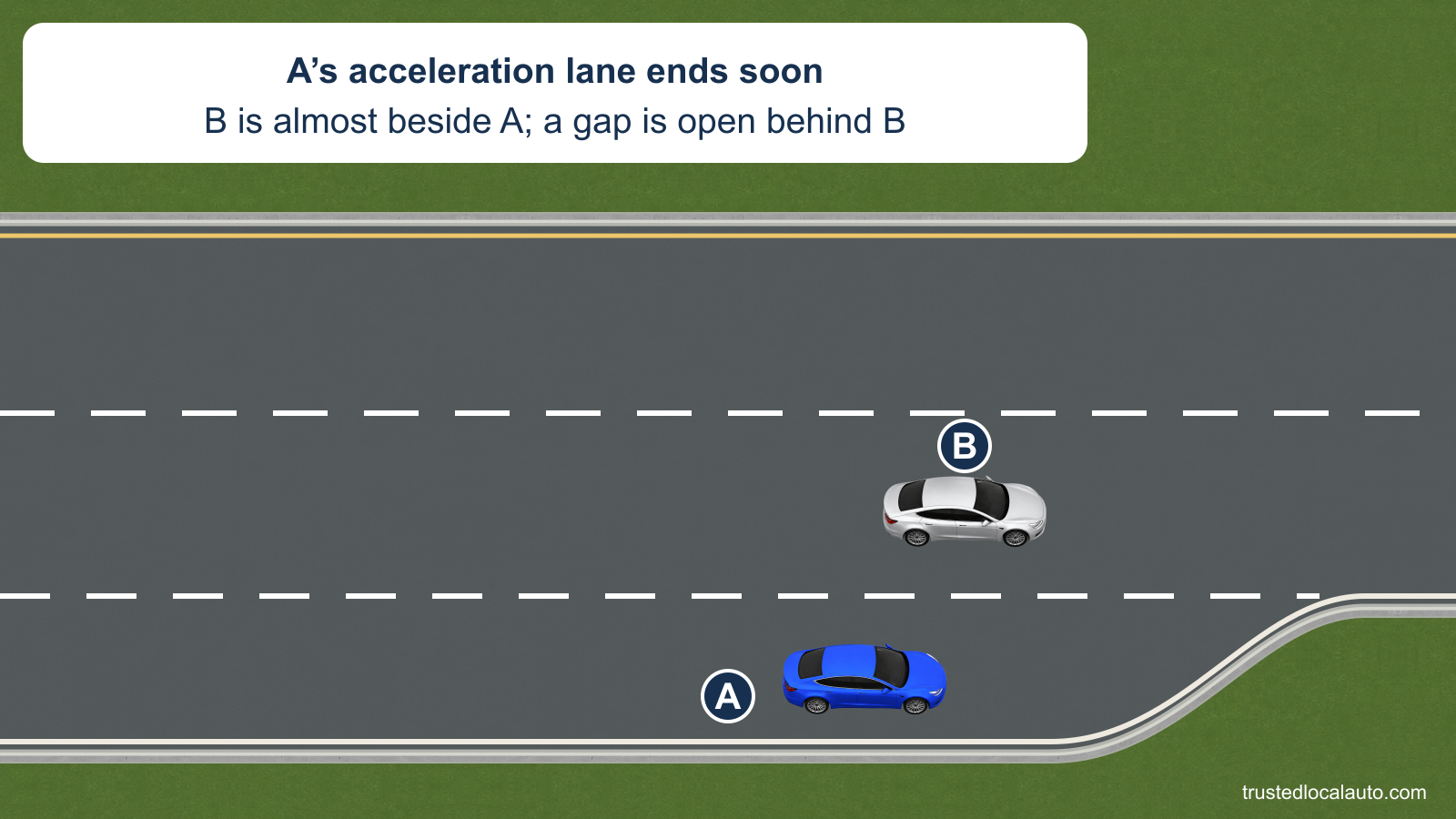 Blue car A approaches the end of an acceleration lane. Silver car B is almost beside A in the freeway’s right lane, with open road behind B.