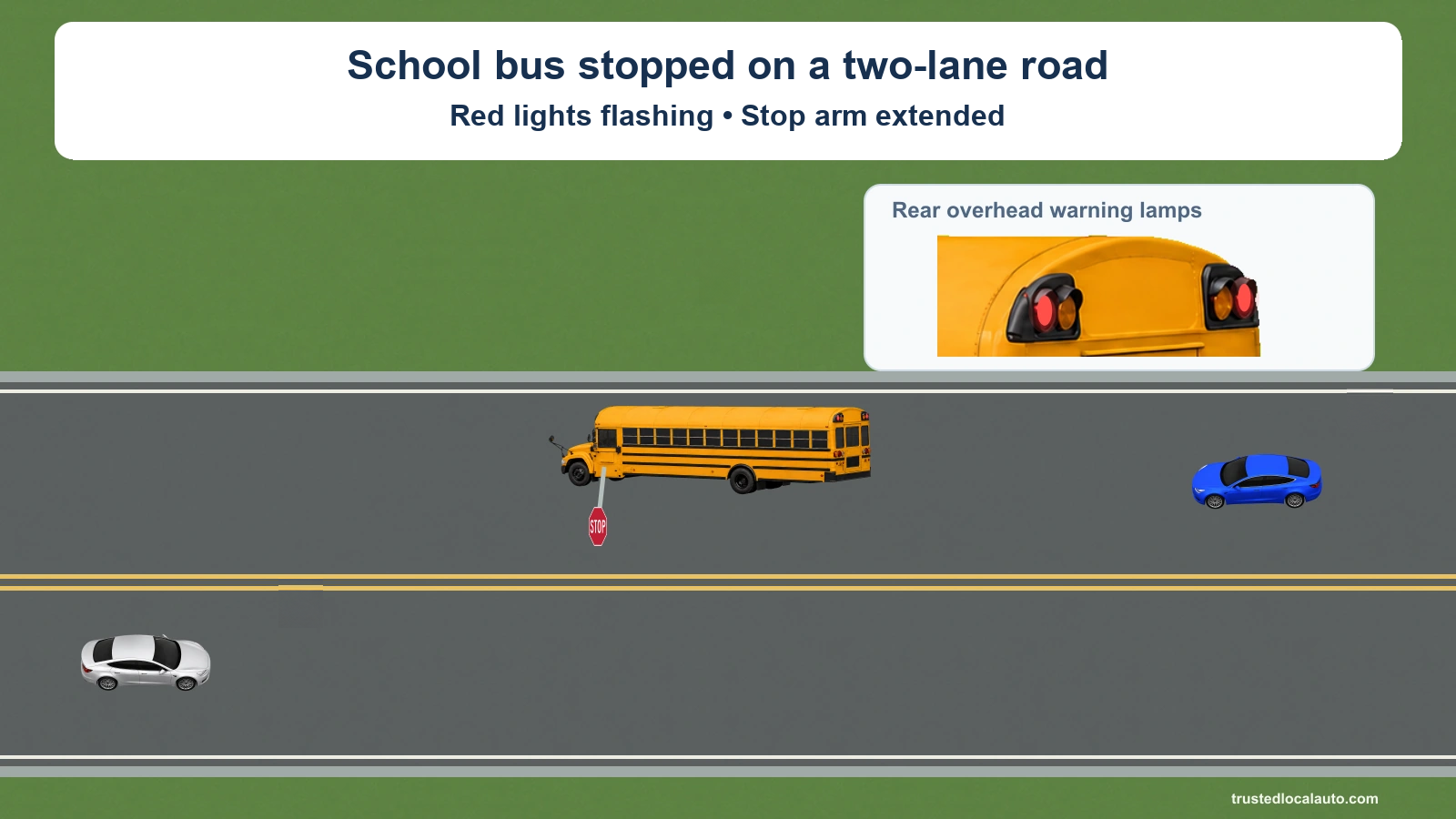 A school bus is stopped on a two-lane road with red warning lights flashing and its STOP arm extended. The blue learner follows it and a silver car is in the opposite lane. No distance or release condition is printed.