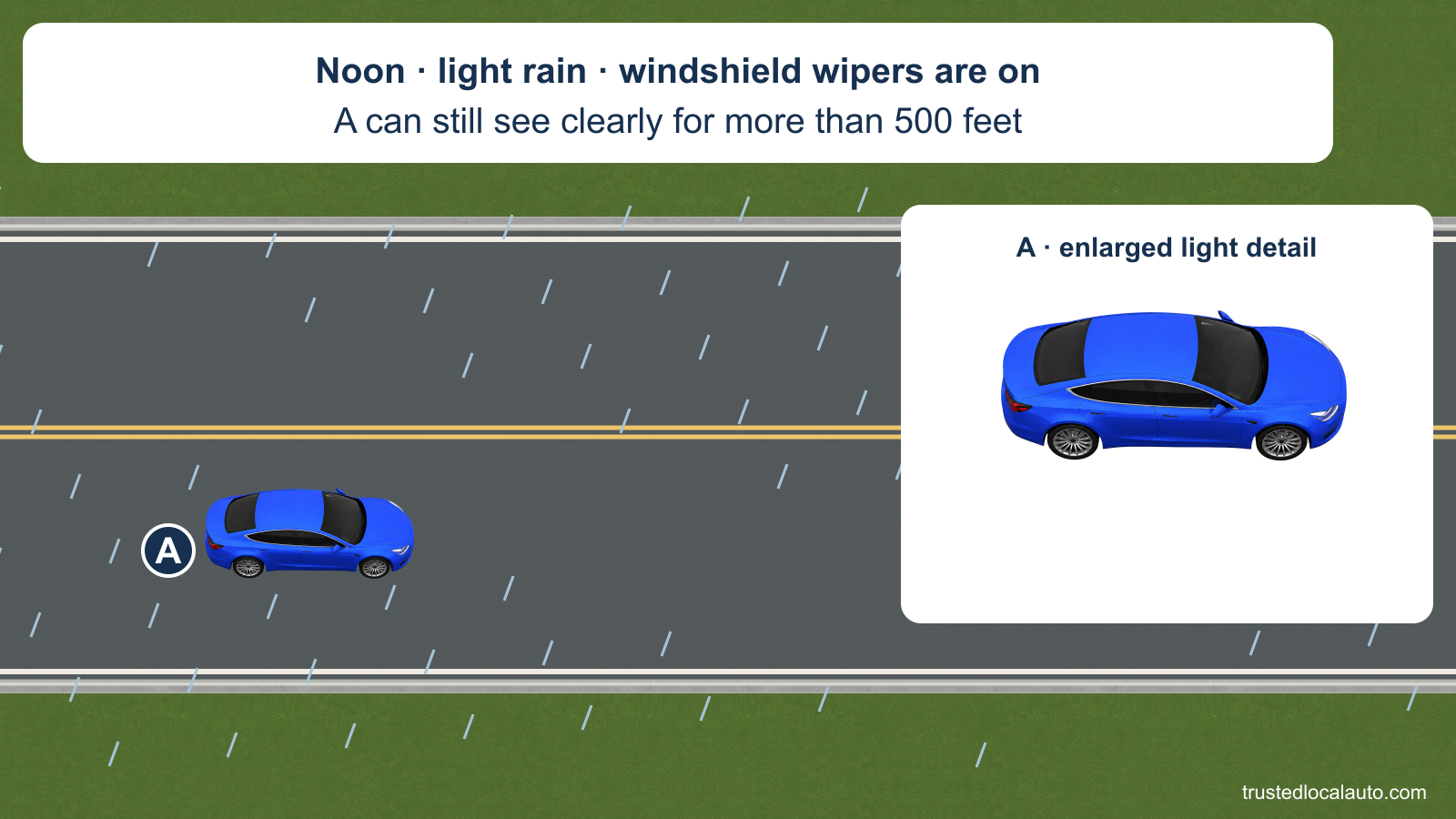 Blue car A travels on a two-way road in light daytime rain. An unmarked enlarged car detail shows its front and rear lamps; the card states that the wipers are on at noon and visibility remains greater than 500 feet.