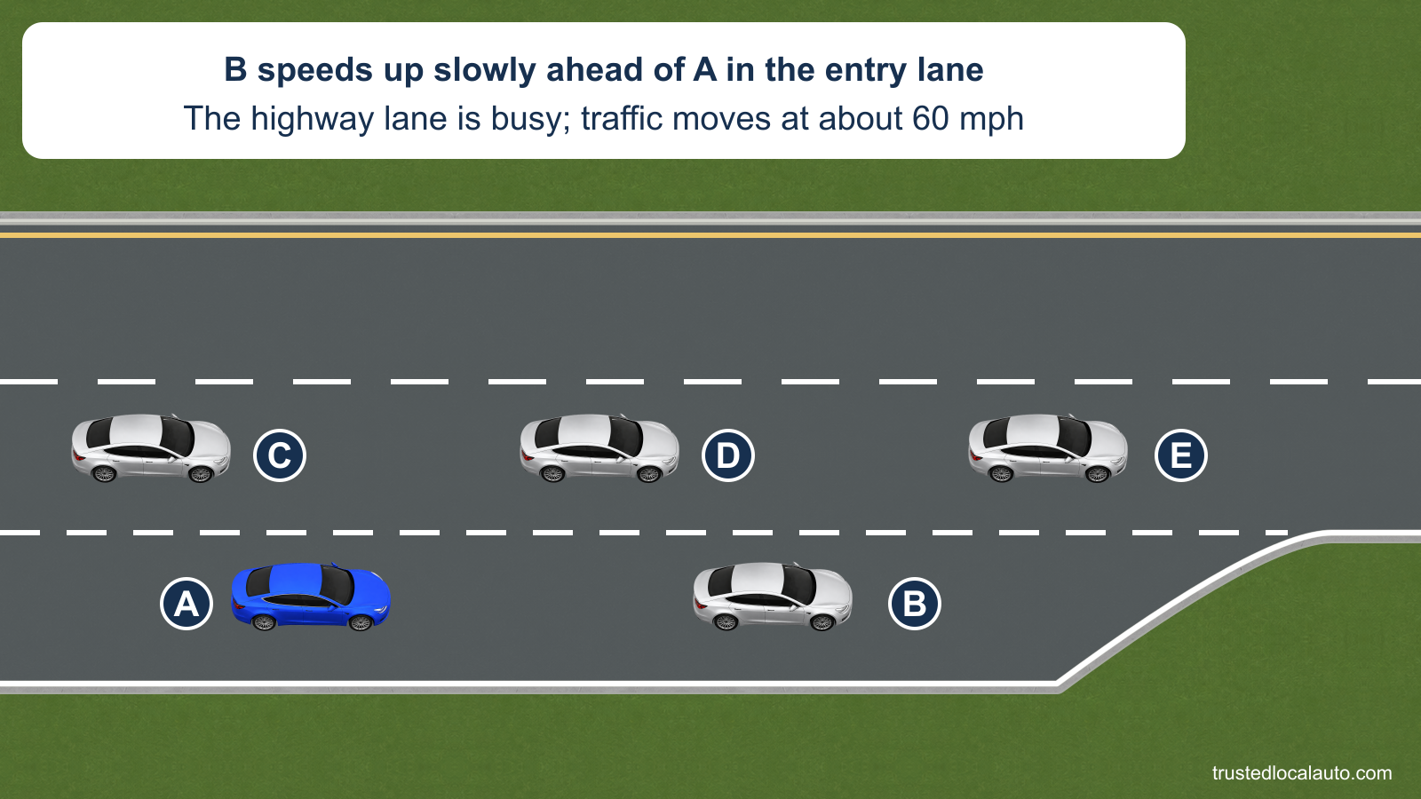 A follows B in a long acceleration lane. The card says B speeds up slowly, while three cars occupy the adjacent highway lane at about 60 mph.