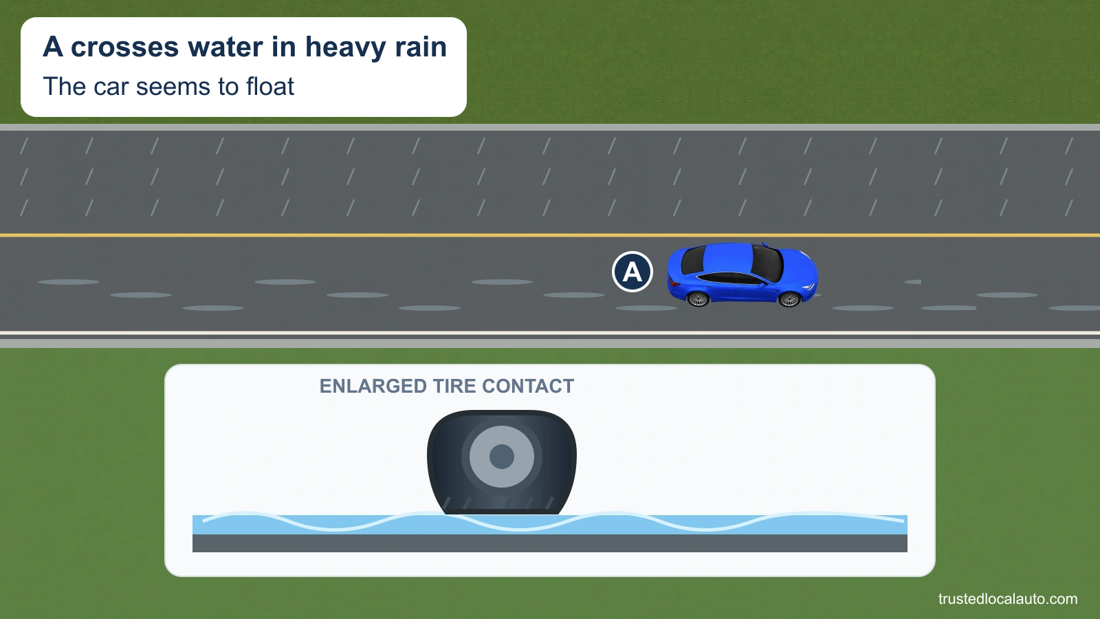 A moves over standing water on a rainy highway. An enlarged tire detail shows water between the tread and pavement without showing a pedal or steering response.
