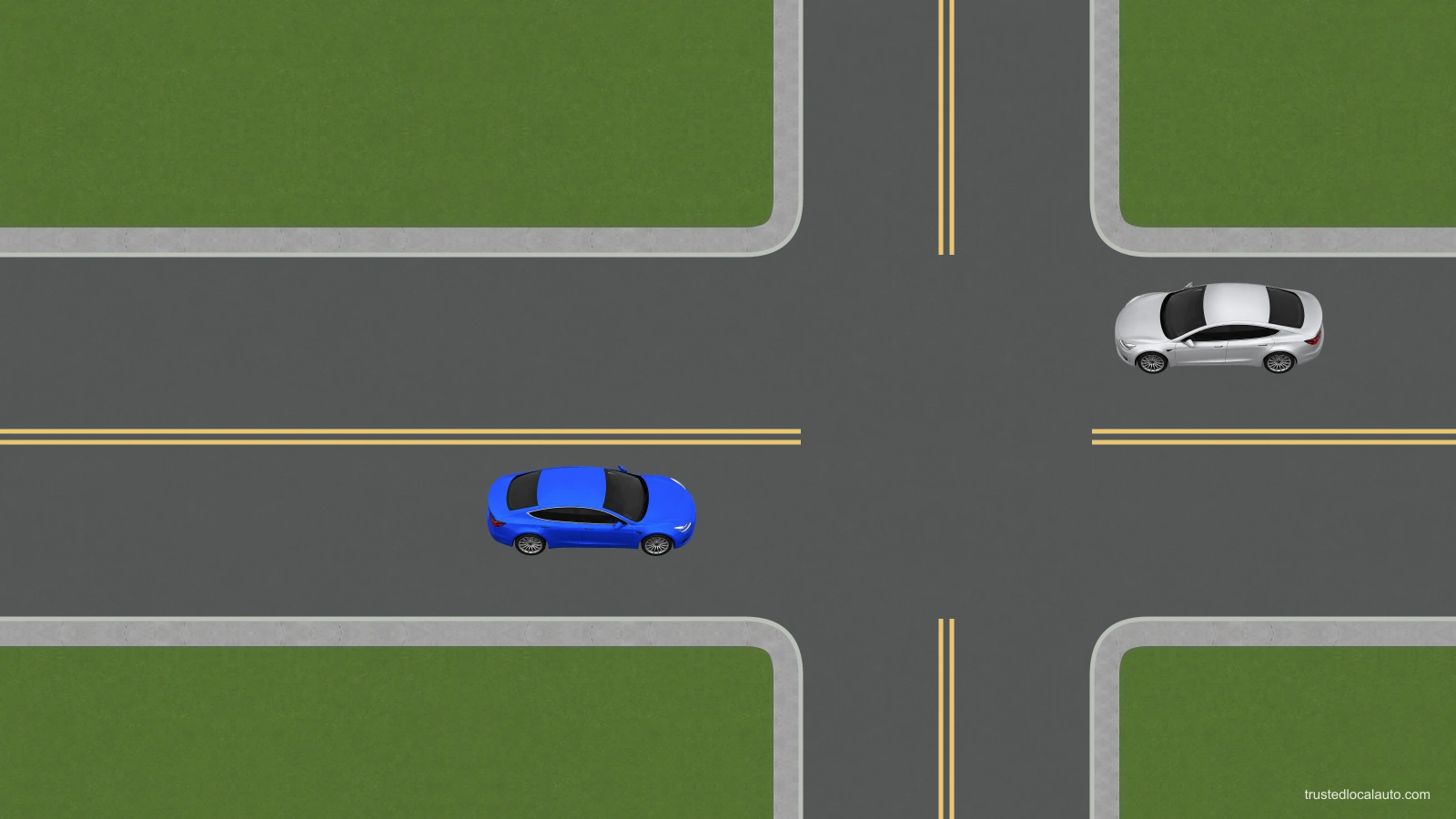 The blue learner approaches an intersection to turn left. A silver car faces it in the opposing lane. Neither car has an answer path in the question, and the two yellow centerlines end before the crossing area.