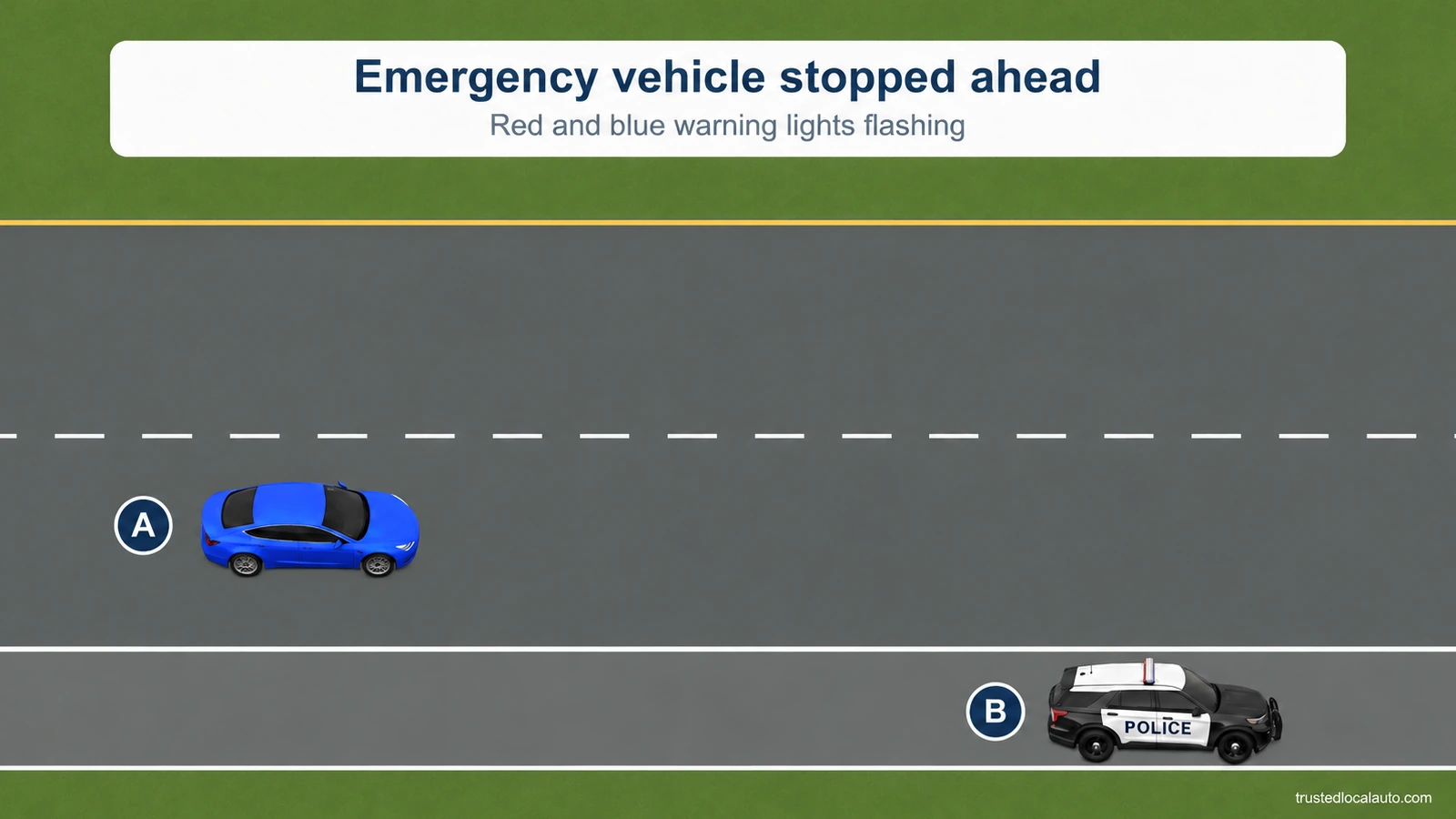 Blue A is in the near travel lane approaching a police vehicle B with warning lights on the roadside. The A and B discs sit beside the actual vehicles; there is no lane-change path in the question view.