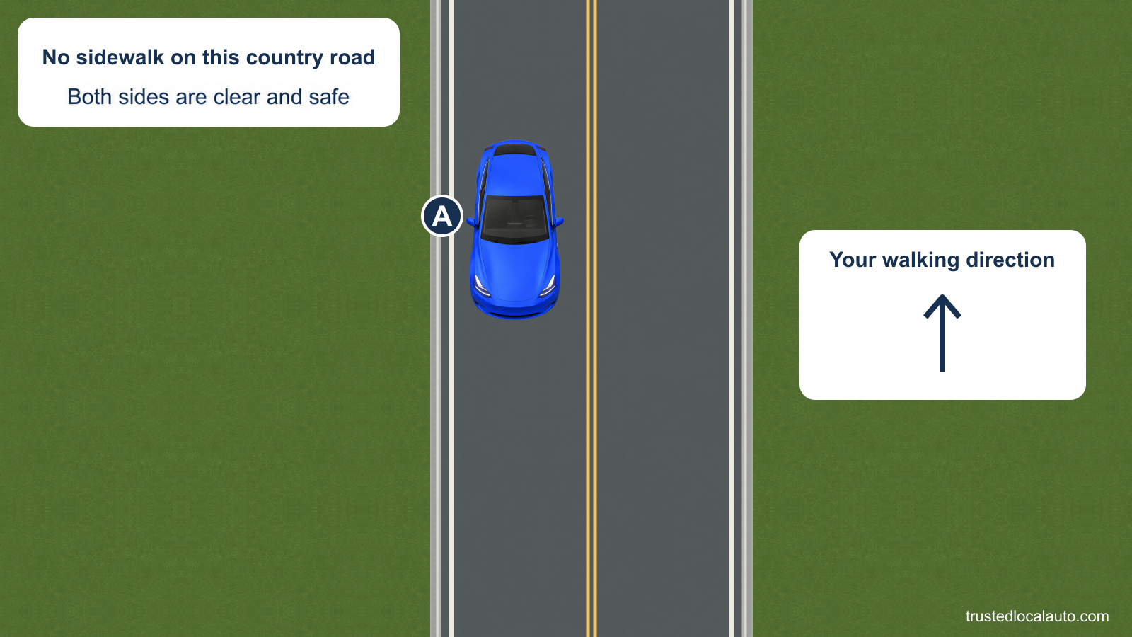 A two-way country road has no sidewalk and clear grass shoulders. Blue A travels south in the west lane. A separate arrow gives the intended walking direction north. No pedestrian or chosen shoulder appears in the question.