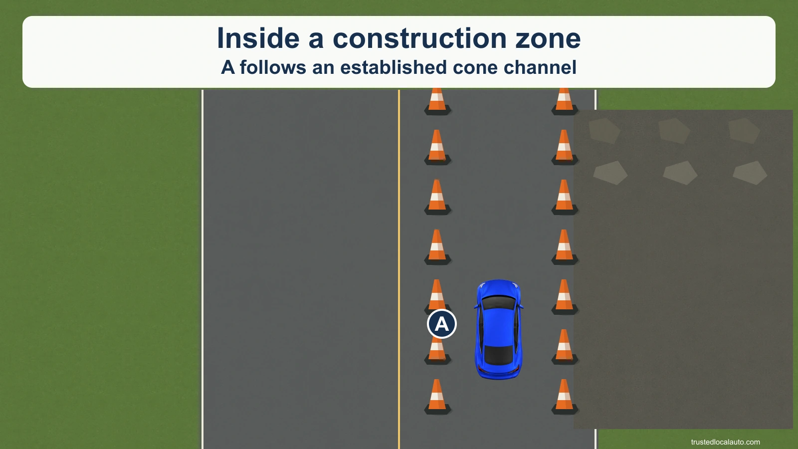 A follows a marked cone channel through a construction zone.