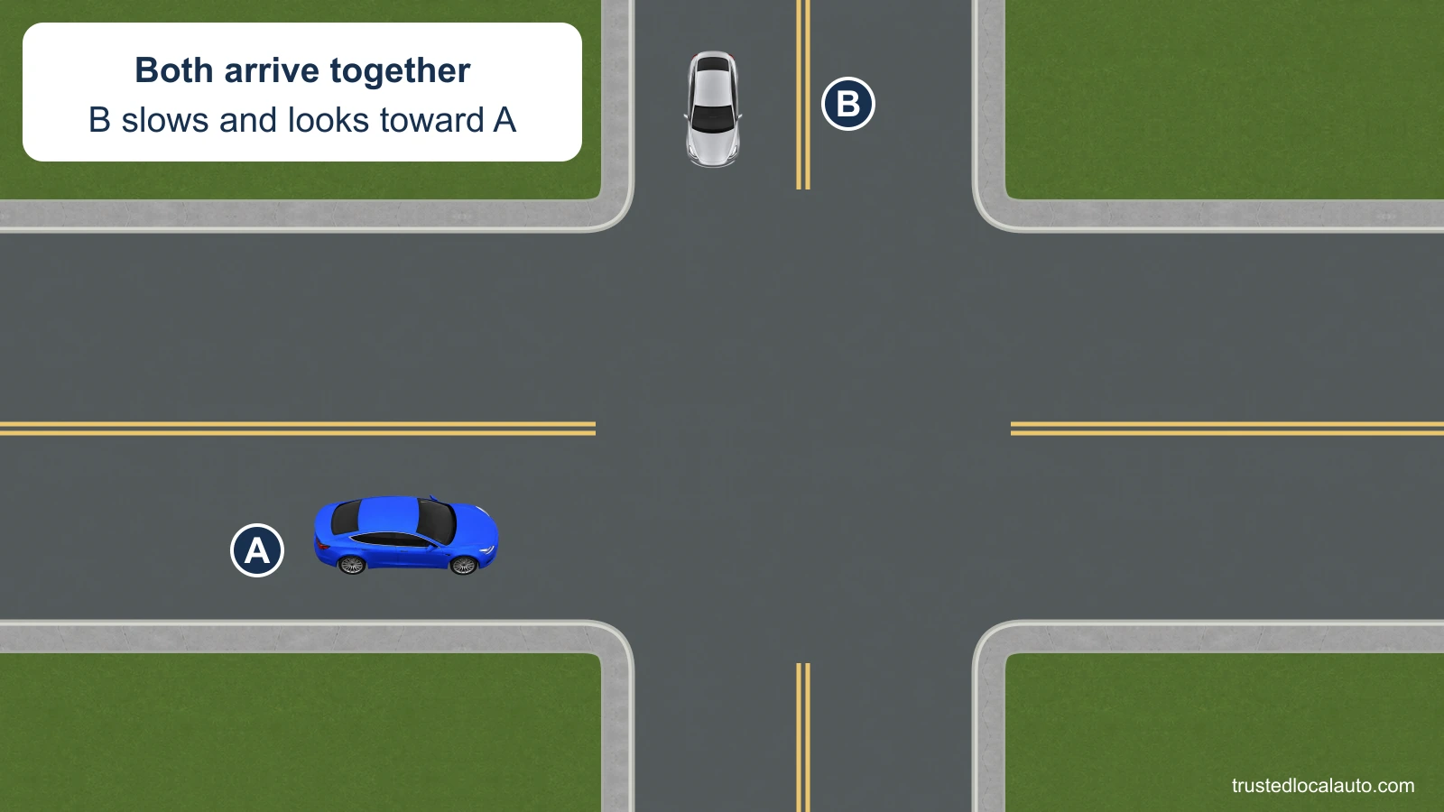 A approaches an intersection with no signs or signals as B approaches from A’s left. The card states that they arrive together and B slows and looks toward A.