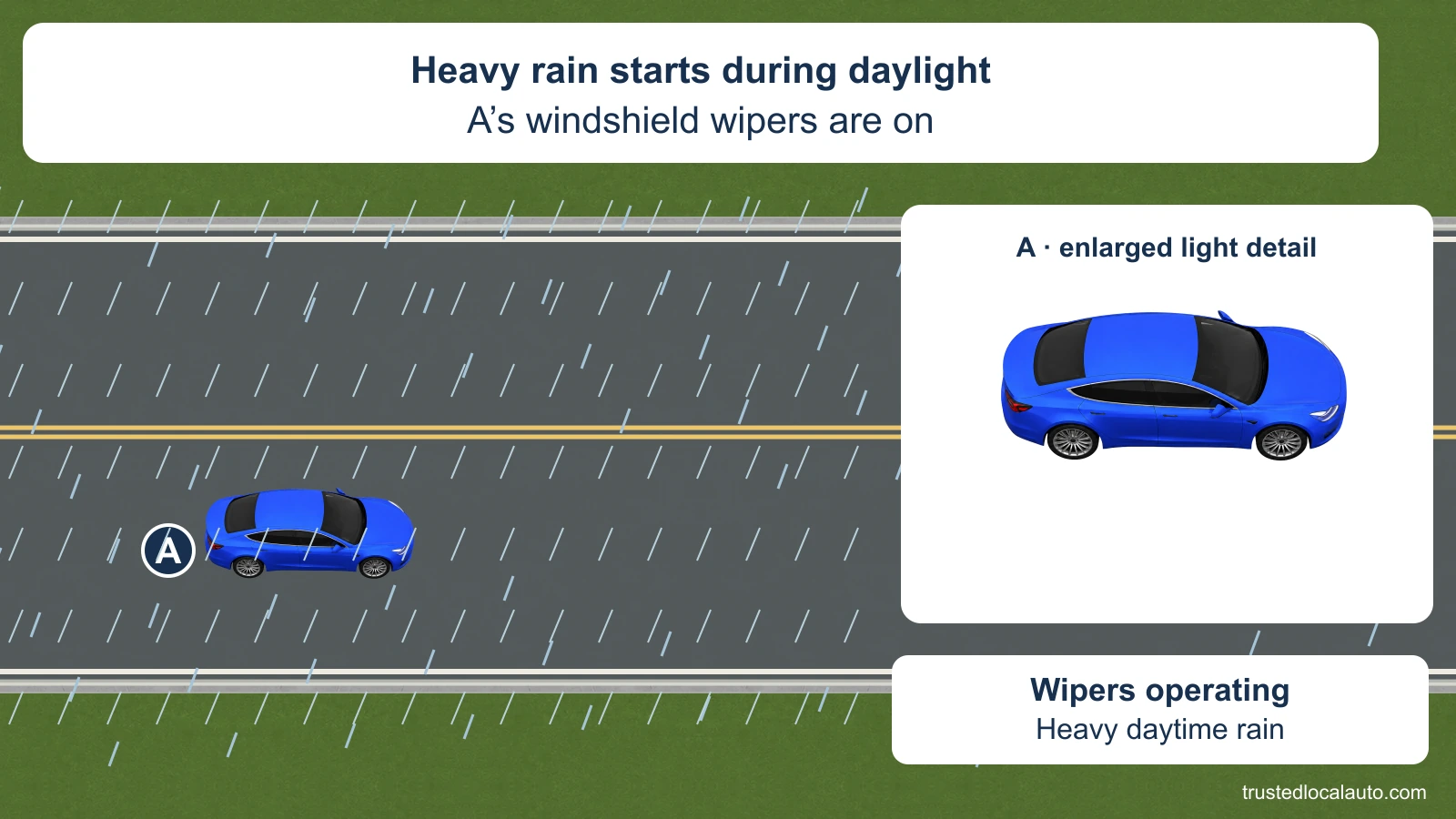 Daytime rain surrounds blue A on the roadway. The card says the wipers are on. An enlarged detail shows the same A with no highlighted or selected light setting.