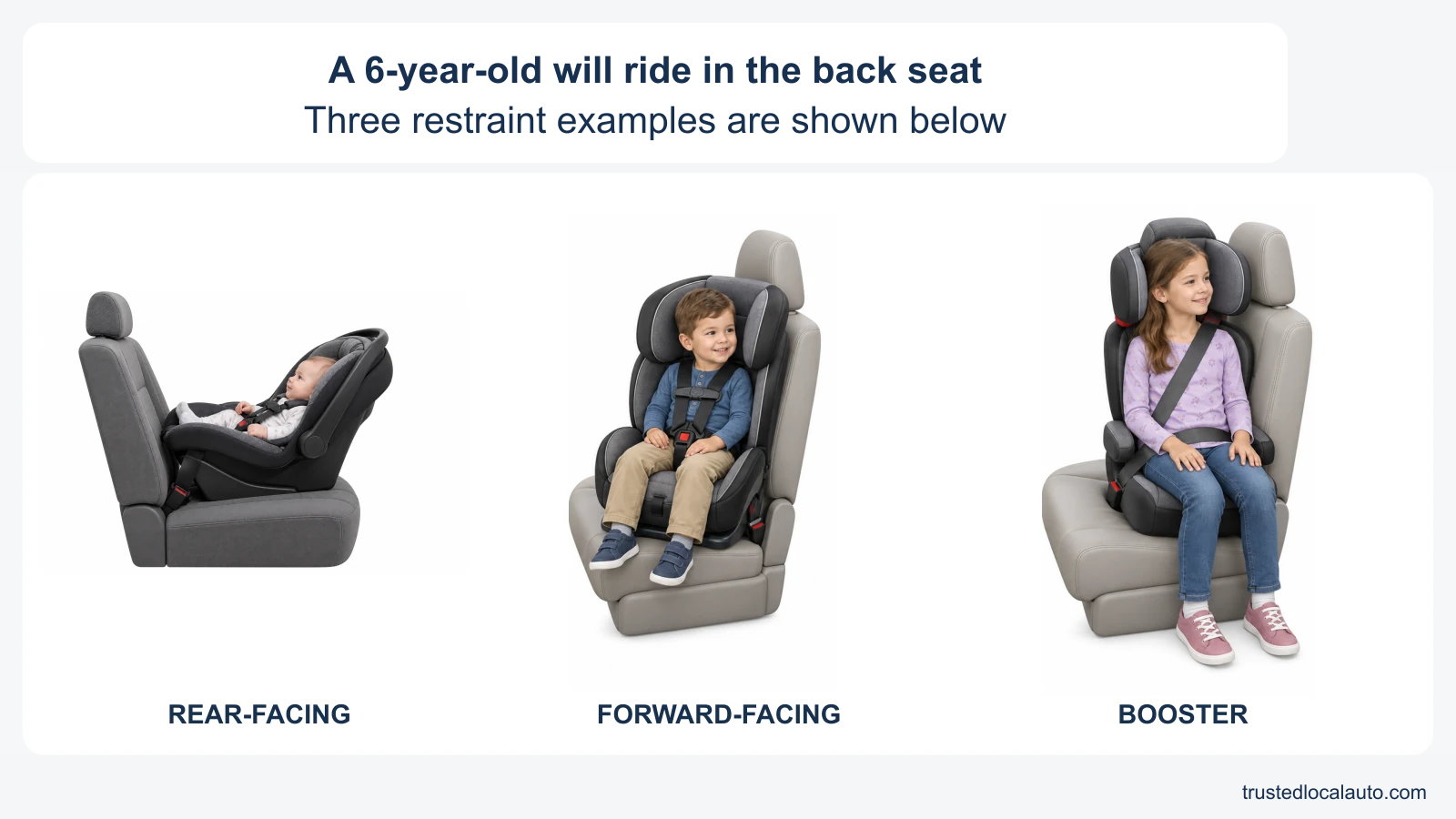 Three generic restraint examples show a rear-facing infant seat, a harness seat, and a booster with a lap and shoulder belt. The card identifies a six-year-old passenger who will ride in the back seat; no example is selected.