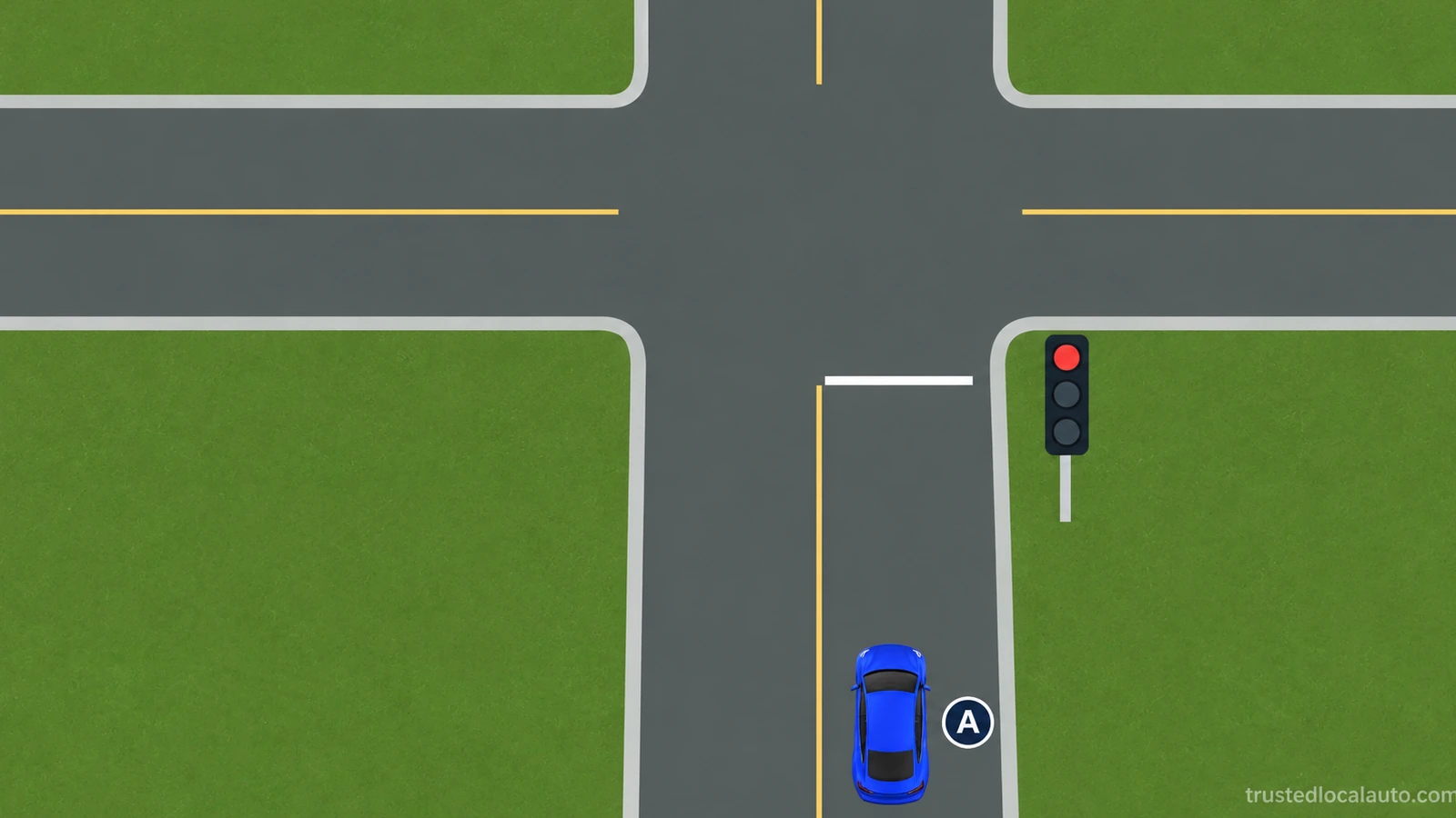 Blue car A faces along an intersection approach with a clear gap ahead to a white line. A roadside signal has its upper circular red lamp lit.