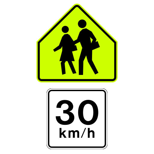 School-area pentagon above a 30 km/h tab with no hours printed on it.