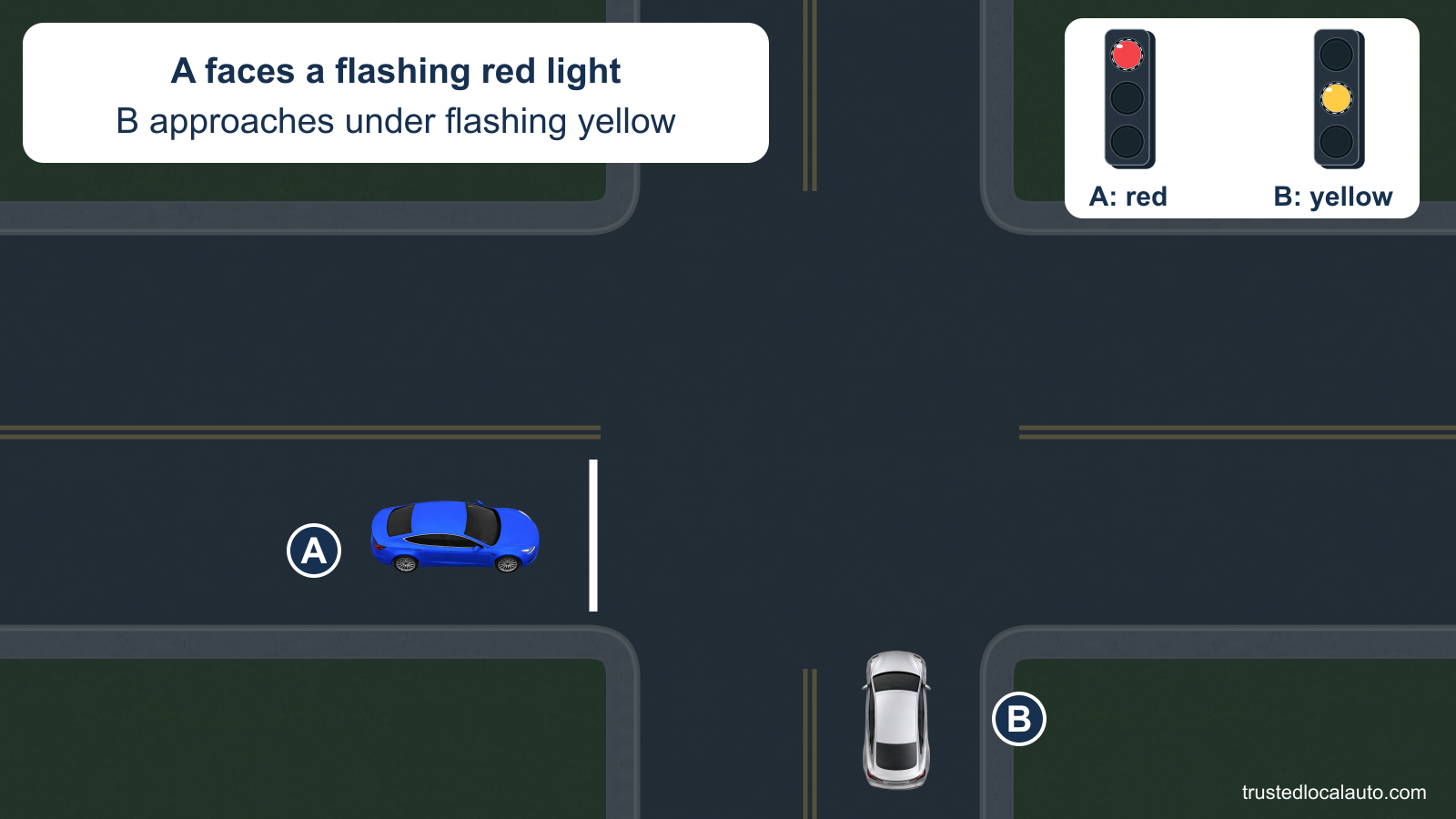 Blue car A approaches a stop line while silver car B approaches from the cross street. The signal details show flashing red for A and flashing yellow for B, identified by lamp position, broken lamp outlines and text.