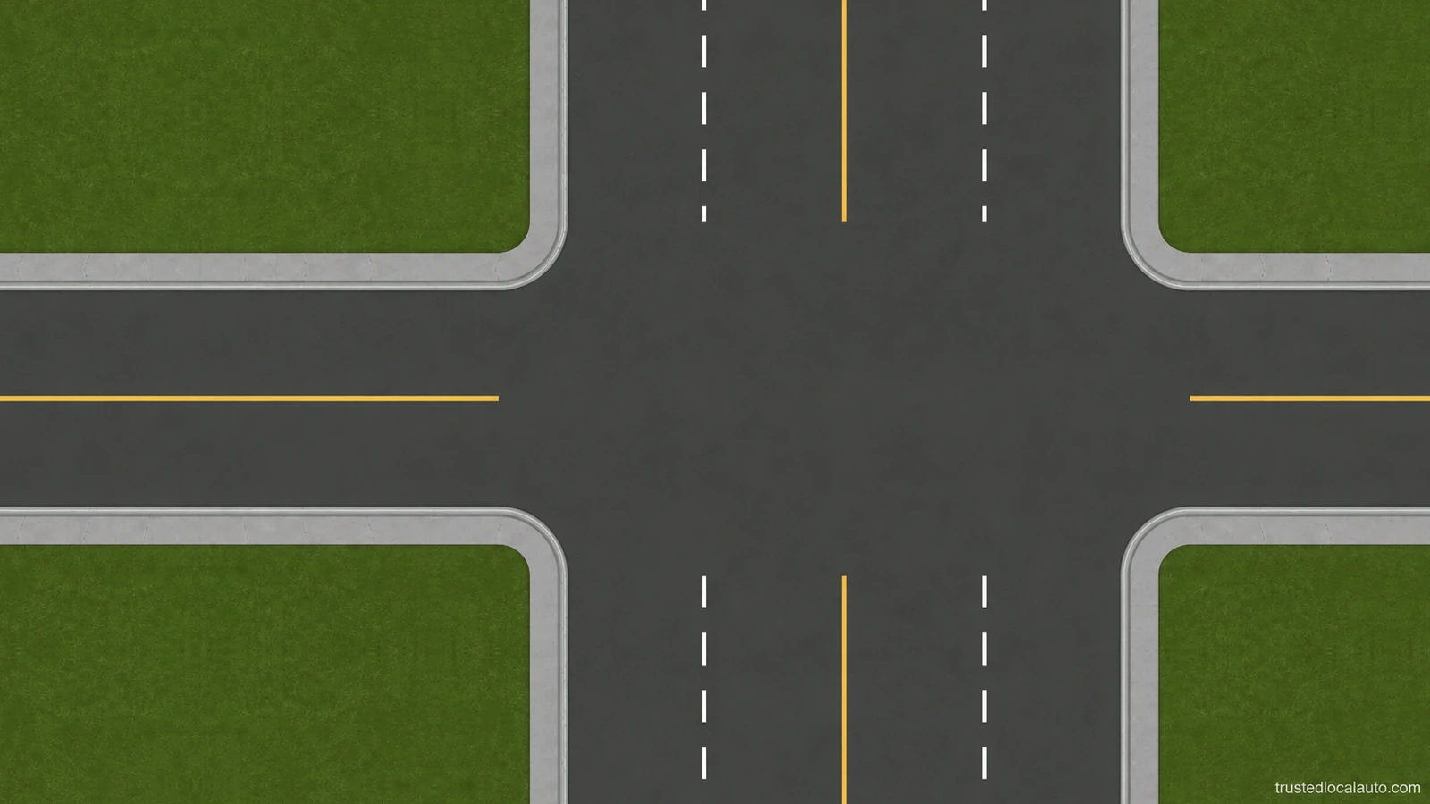The question shows an empty intersection with rounded curbs and right-hand traffic lanes. No car, turning path or highlighted lane indicates where a right turn should start.