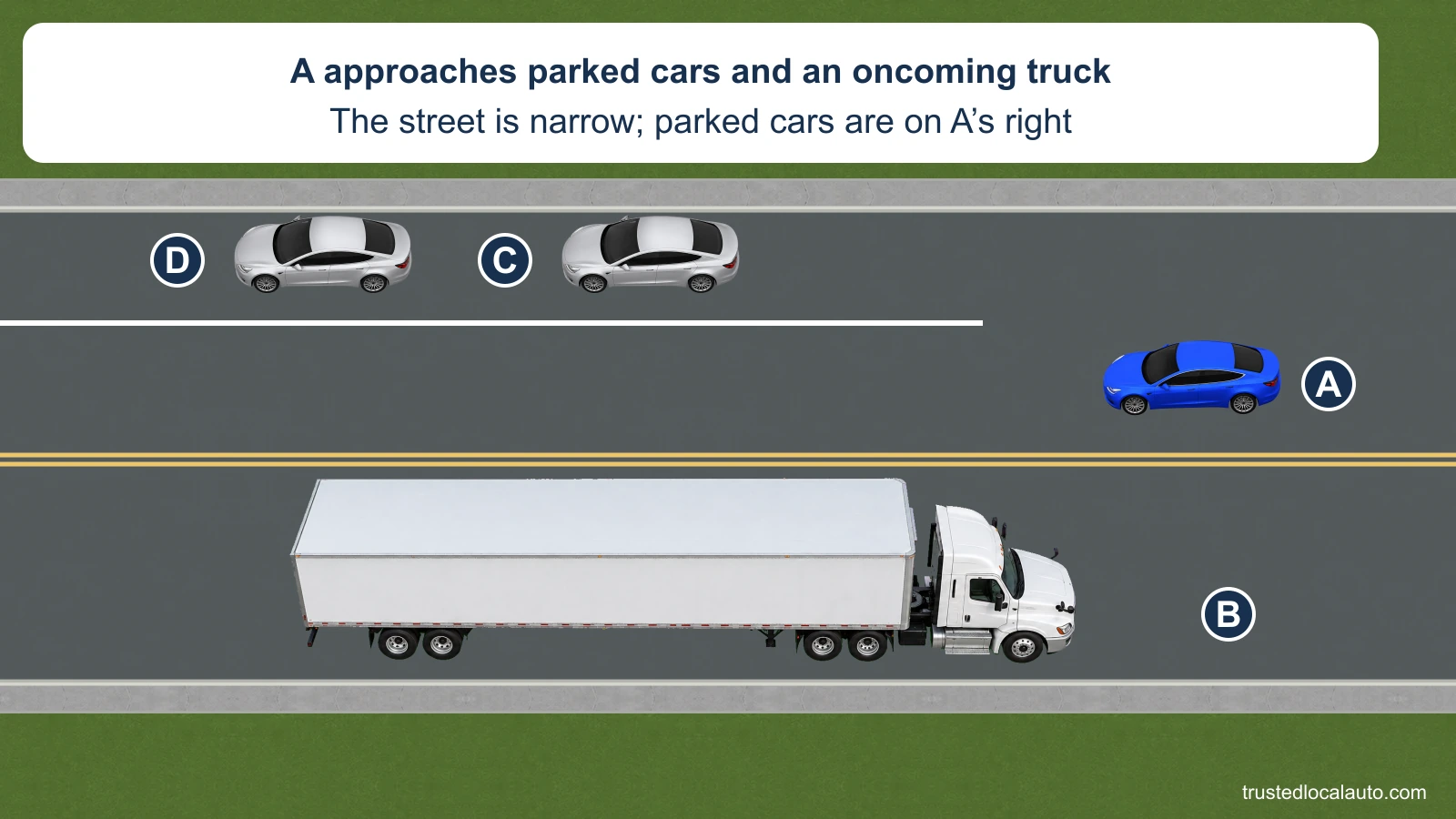 Westbound blue A approaches parked cars on its right and an eastbound truck in the other lane.