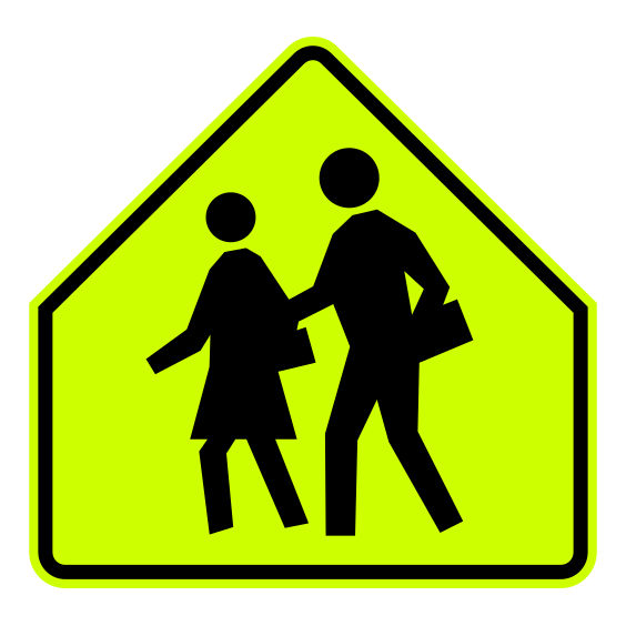 A fluorescent yellow-green pentagon containing two black figures, with no number panel.