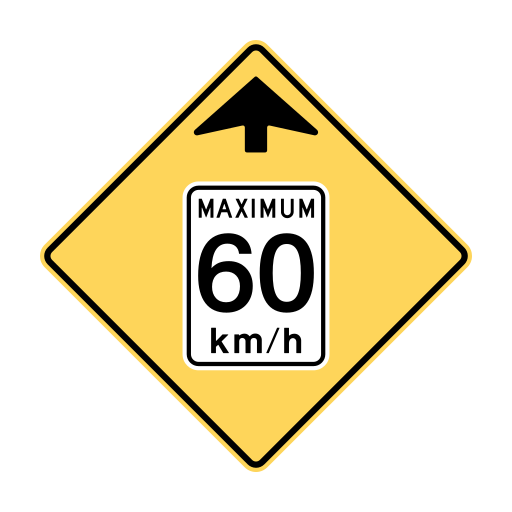 A yellow diamond has a black upward arrow above a white panel reading MAXIMUM 60 km/h.