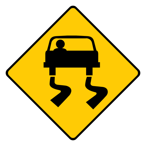 A yellow diamond with a black border showing the front of a black car above two wavy black tyre tracks.