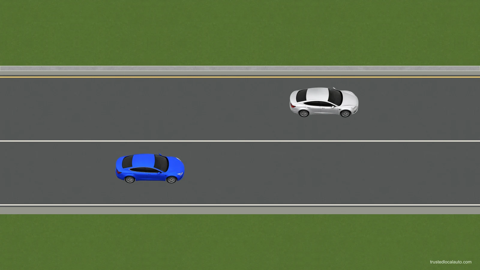 Two same-direction lanes separated by a solid white line, with a blue car remaining in its lane.