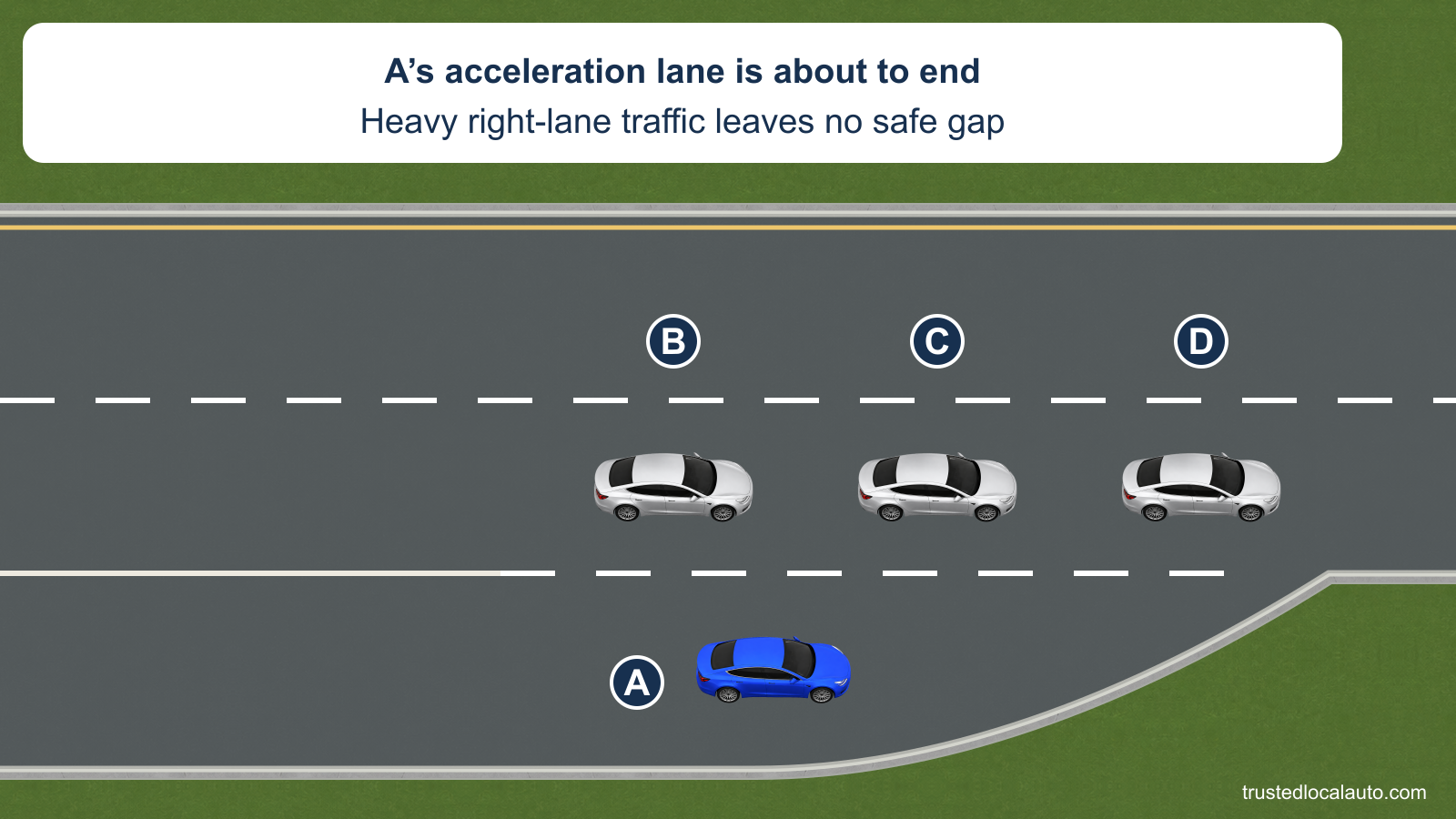 A approaches the end of an acceleration lane with heavy traffic in the adjacent right lane.