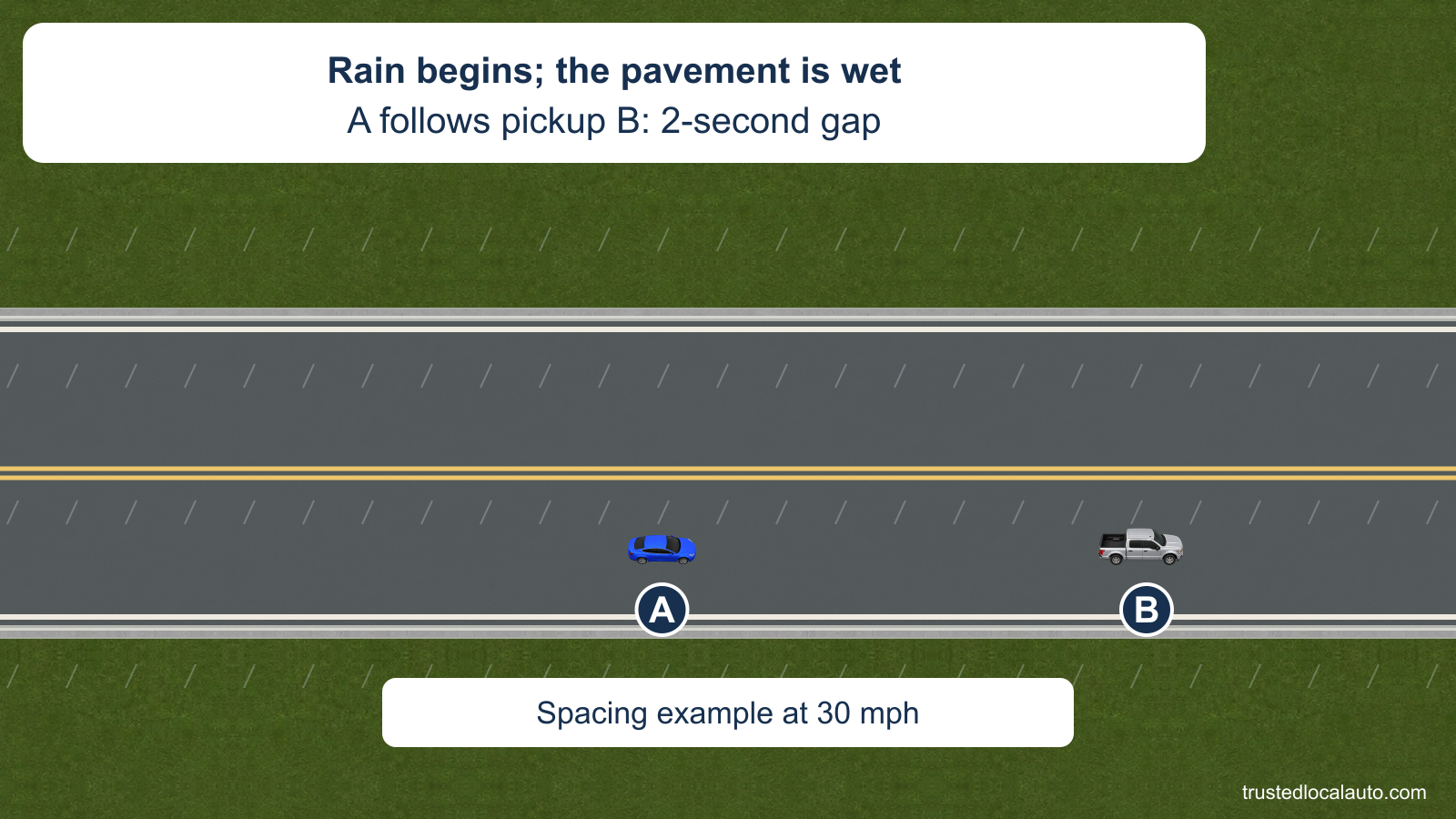 Blue A follows a silver pickup B on a two-lane road as rain begins. Its given gap is two seconds. A 30 mph spacing example is explicitly labelled.