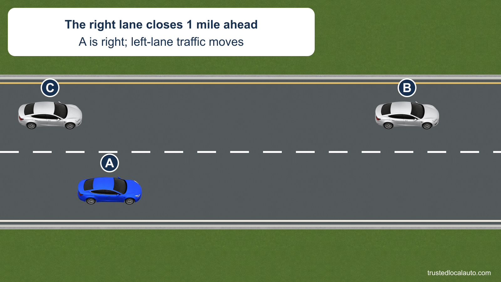 A is in the right Interstate lane while B and C travel in the left lane. The card reports the advance warning of a closure 1 mile ahead; no nearby cones or merge path imply a late decision.