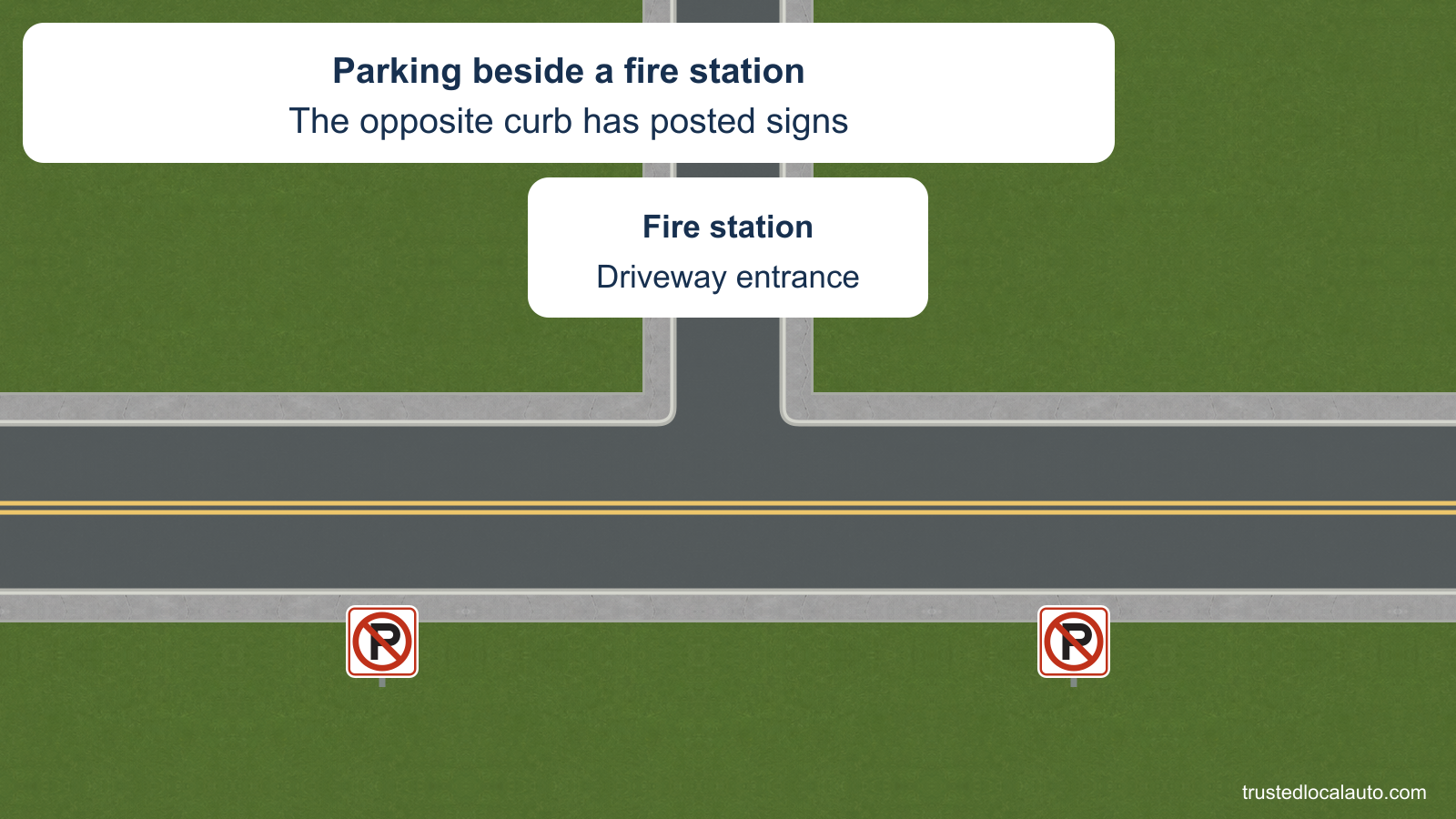 A fire station driveway opens onto a two-way street. No-parking signs face the opposite curb; the question image shows the entrance edges without distance values.