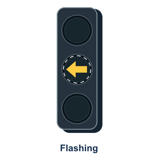 A vertical traffic signal displays a left-pointing yellow arrow with a dashed flash indication.