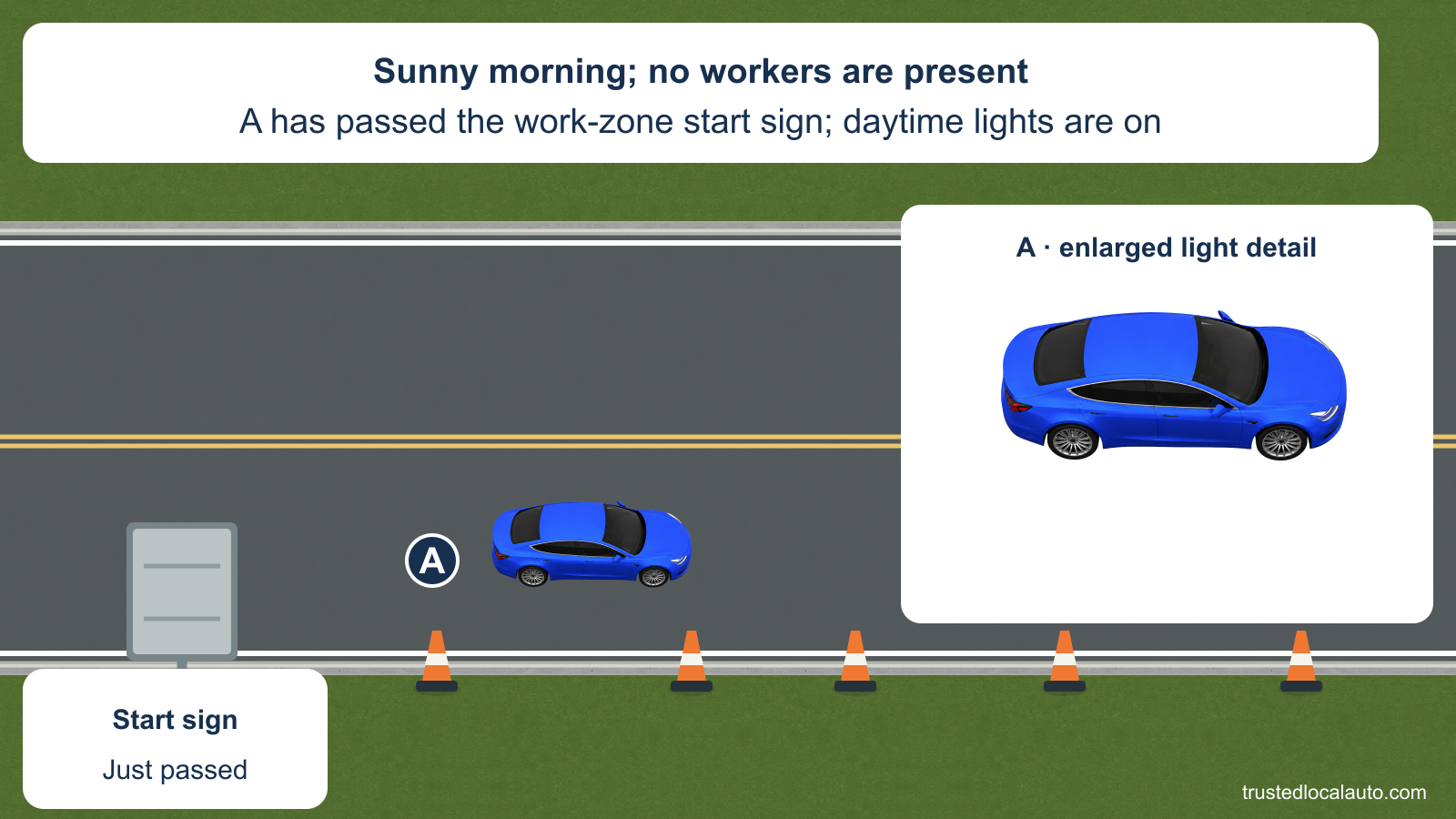 A blue car drives in bright daylight inside an empty work zone marked by cones. The back of the work-zone start sign is behind A; the card states that no workers are present and daytime running lights are on. A separate enlargement shows the car’s lamp locations.