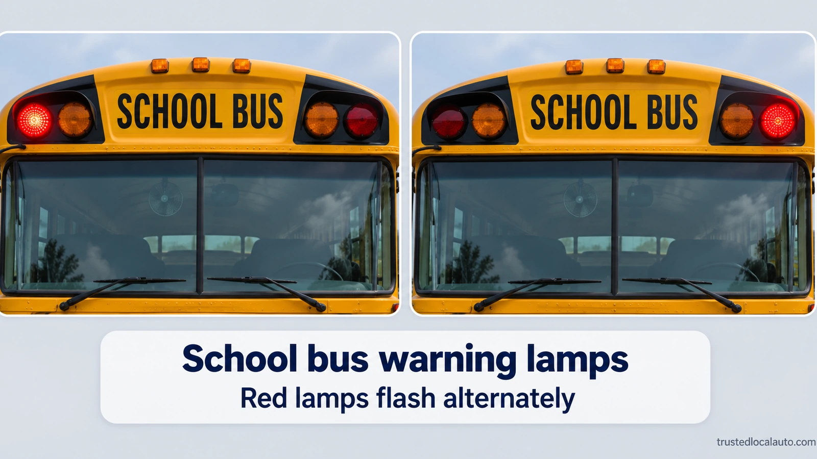 Two close views of a school bus show alternating red warning lamps. No roadway, median, traffic lanes or approaching car is shown.